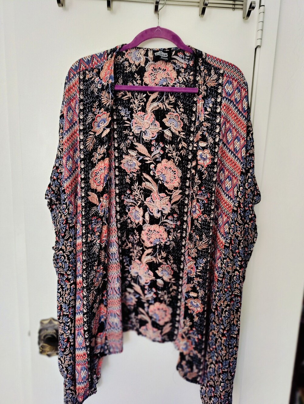 Angie Mixed Print Floral Paisley Kimono O/S Boho Open Front 100% Rayon
